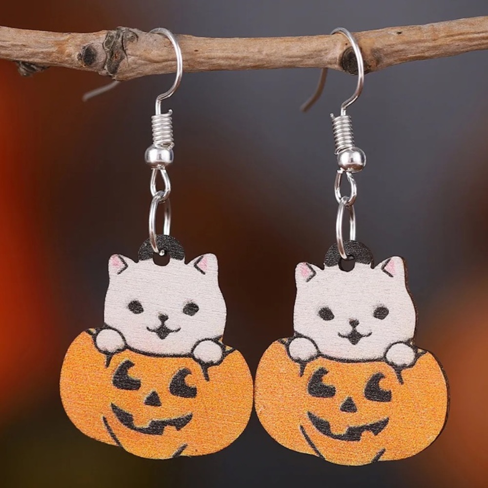 Peek a Boo White Cat Jack O Lantern Pumpkin Halloween Wooden Dangle Earrings - Picture 2 of 2